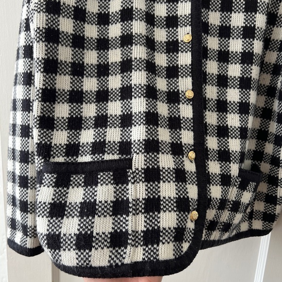 Vintage black white check plaid houndstooth cardigan lady jacket round neck - Picture 4 of 15
